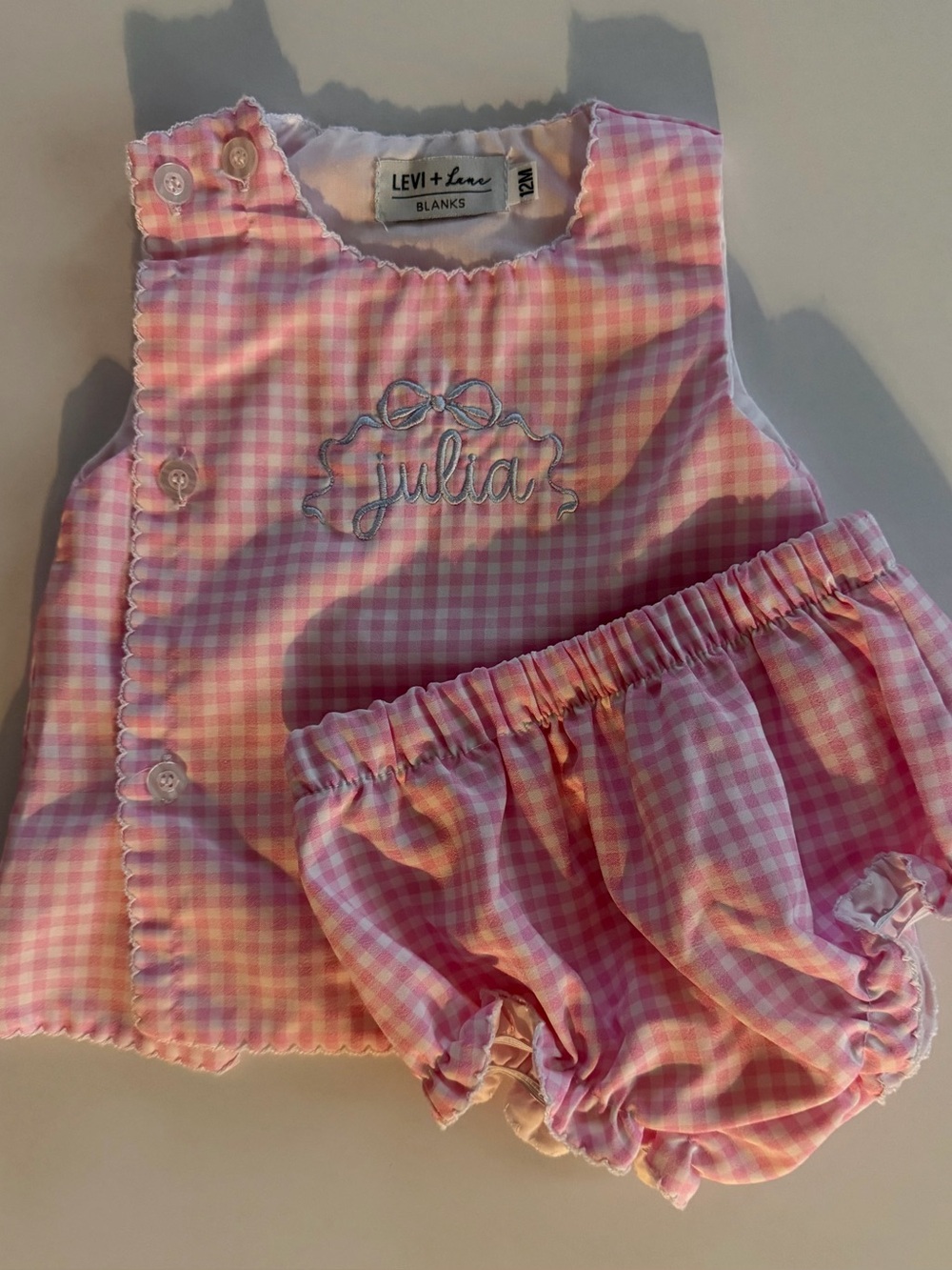 12 M Pink Gingham Diaper Set with Embroidered “Julia”